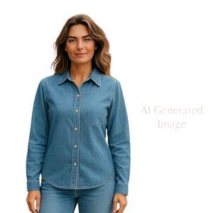 Geoffrey Beene Sport Womens 100% Cotton Silver Snap Blue Denim Jean Shirt Size 4
